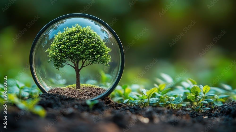Tree in magnifying glass and green globe green business ideas Finance and Investment for Sustainability and Carbon Credits Tree in magnifying glass and green globe green business ideas Finance and Investment for Sustainability and Carbon Credits