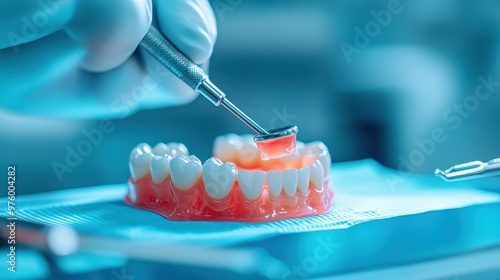 Dental Mirror Examining Denture Close Up