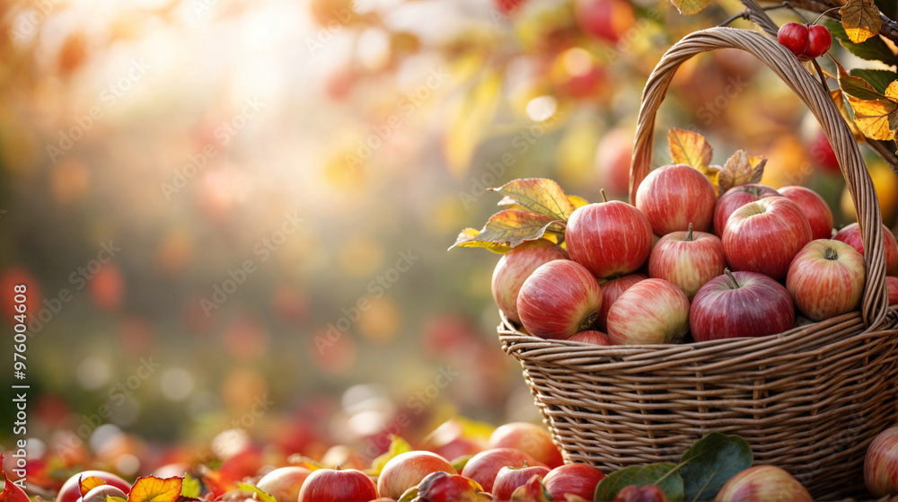 Wallpaper with basket full of ripe apples with forest backgroound Wallpaper with basket full of ripe apples with forest backgroound