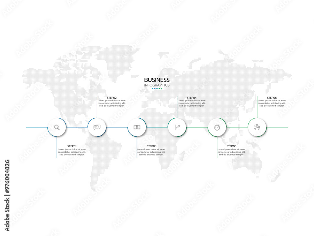 Business creative design linear infographic template. Timeline process with 6 options, arrows, boxs and marketing icons. Vector illustration. Business creative design linear infographic template. Timeline process with 6 options, arrows, boxs and marketing icons. Vector illustration.