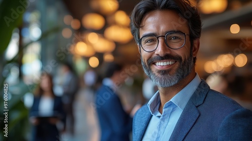 Smiling handsome young Latin business man entrepreneur using tablet standing in office at work. Happy male professional executive ceo manager holding tab computer looking at camera, portrait.