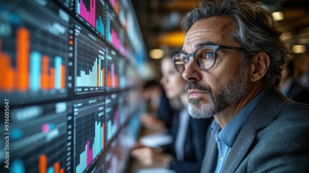 Business people reviewing data on projection screen in office meeting Business people reviewing data on projection screen in office meeting