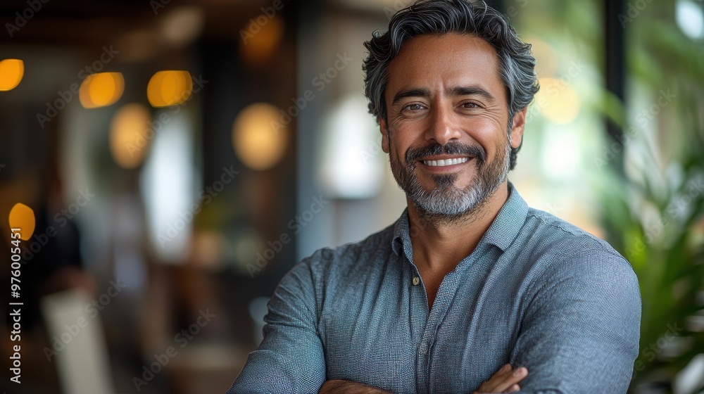 Handsome hispanic senior business man with crossed arms smiling at camera. Indian or latin confident mature good looking middle age leader male businessman on blur office background with copy space. Handsome hispanic senior business man with crossed arms smiling at camera. Indian or latin confident mature good looking middle age leader male businessman on blur office background with copy space.