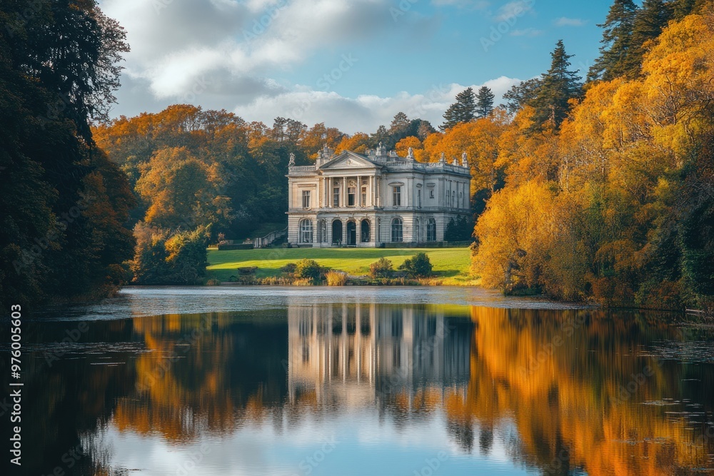 A Classical Mansion Reflected in a Calm Autumn Lake A Classical Mansion Reflected in a Calm Autumn Lake