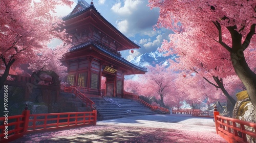Traditional Japanese temple surrounded by cherry blossom trees. Japanese temple wallpaper