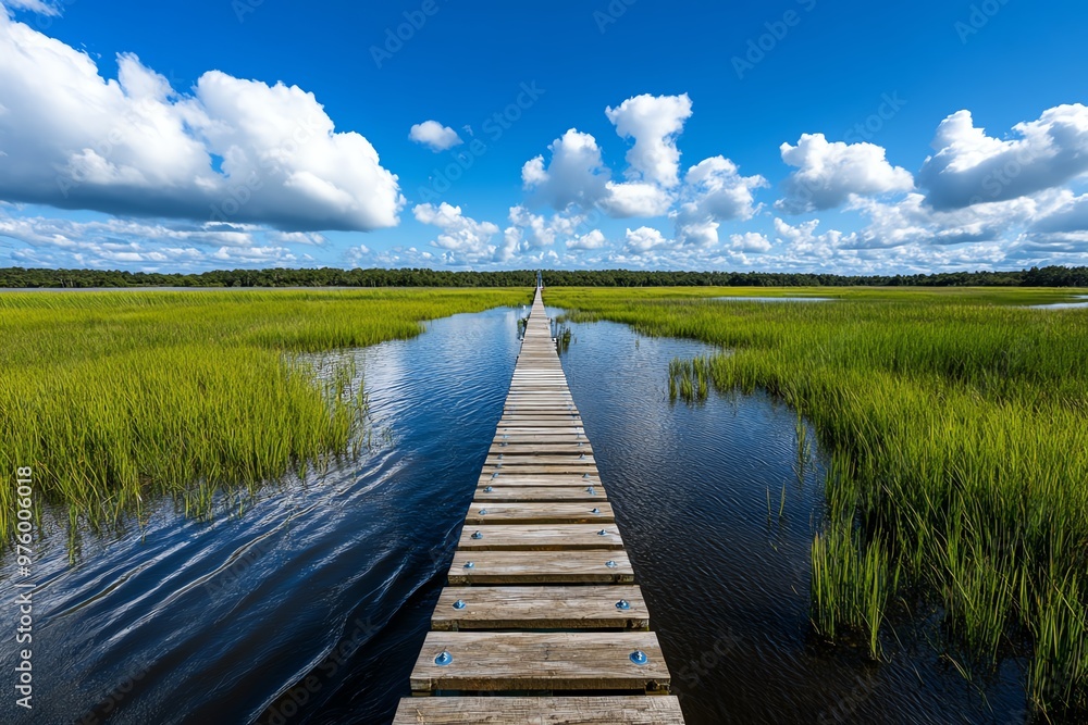 A gas pipeline running through wetlands, with environmental protections in place to preserve the natural habitat around the infrastructure A gas pipeline running through wetlands, with environmental protections in place to preserve the natural habitat around the infrastructure