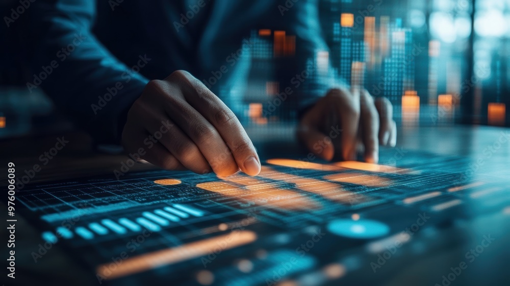 Businessman analyzing financial balance sheet of company working with digital virtual graphics. Businessman is calculating financial data for investment growth target in 2024 Businessman analyzing financial balance sheet of company working with digital virtual graphics. Businessman is calculating financial data for investment growth target in 2024