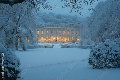 A snow-covered mansion with glowing windows and a snowy landscape photo