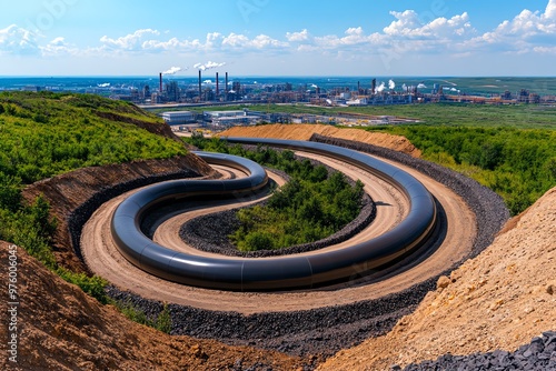 A gas pipeline winding through an industrial landscape, with factories and refineries visible in the background
