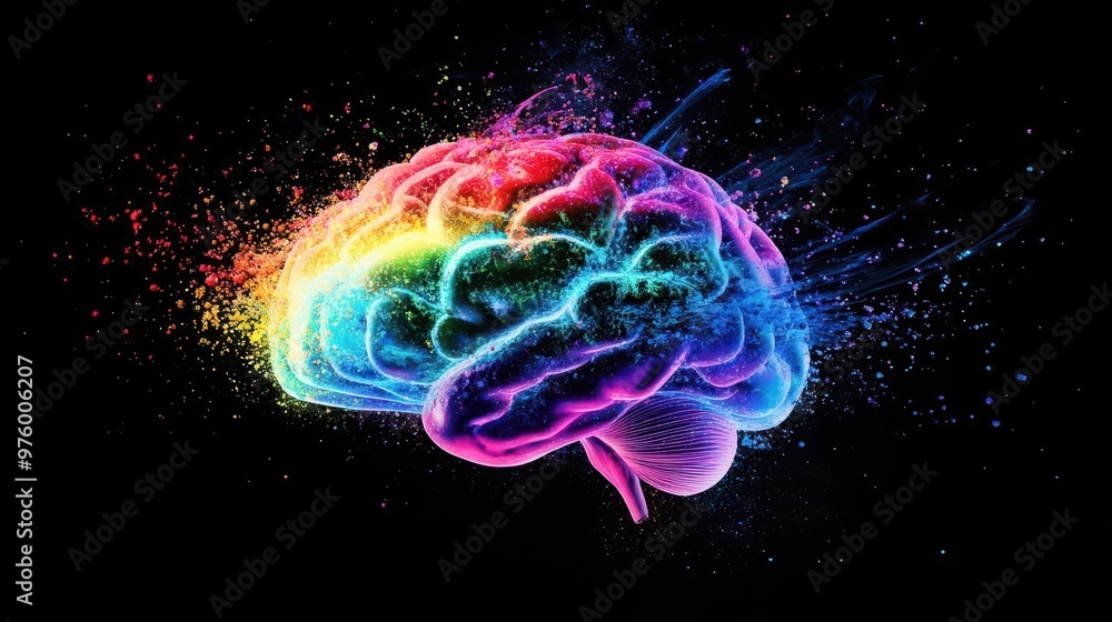 exploding rainbowhued human brain illustration vibrant thought particles disperse outward represents cognitive overload creativity and mental health awareness exploding rainbowhued human brain illustration vibrant thought particles disperse outward represents cognitive overload creativity and mental health awareness
