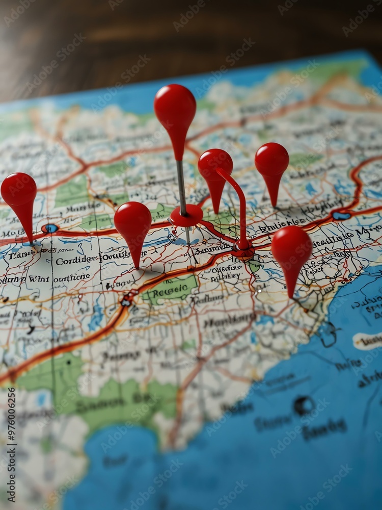 A blue map with a bold red pin marking a specific location. A blue map with a bold red pin marking a specific location.