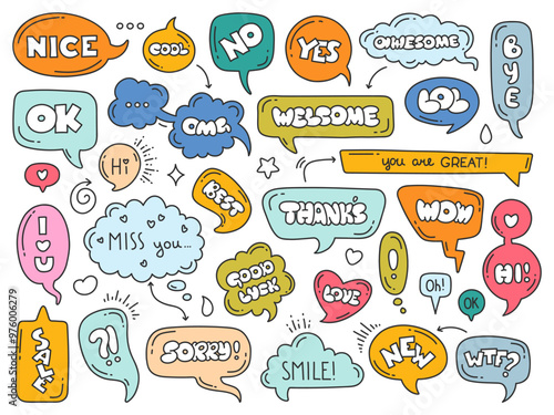 Speech bubbles with words. Different shapes dialog clouds, cute doodle style, short phrases, funky hand drawn text, rounded font, stickers communication bubble, comic comment vector set