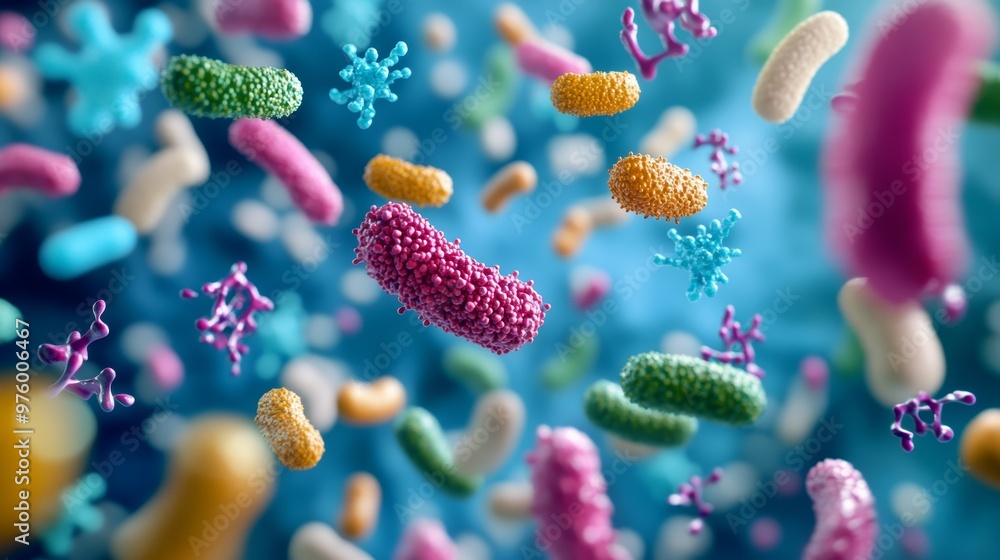Vibrant microscopic view showcasing various bacteria and microorganisms in a colorful, abstract representation. Vibrant microscopic view showcasing various bacteria and microorganisms in a colorful, abstract representation.