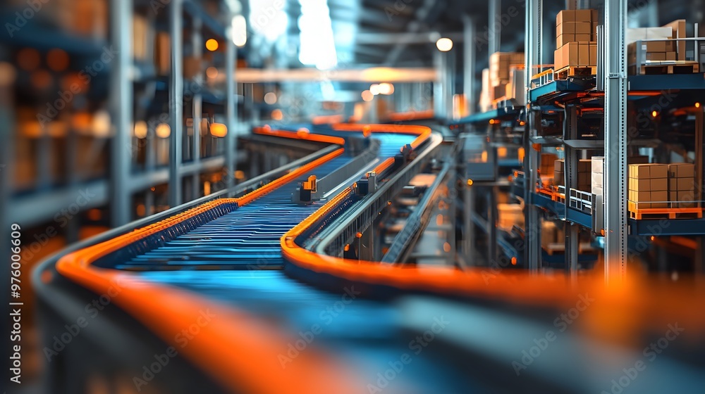 Photograph of a high-tech logistics center showcasing advanced warehouse automation,including conveyor belts,shelving systems,and machinery for efficient storage,processing. Photograph of a high-tech logistics center showcasing advanced warehouse automation,including conveyor belts,shelving systems,and machinery for efficient storage,processing.