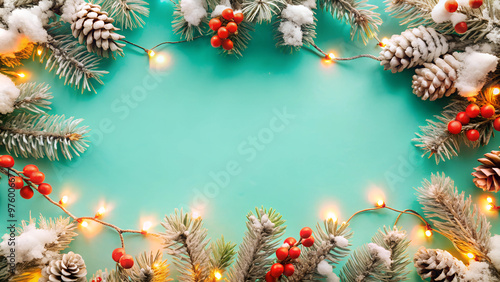 The image shows a festive Christmas frame of pine branches, pinecones and red berries covered in snow, with a garland of warm lights on a turquoise background.
