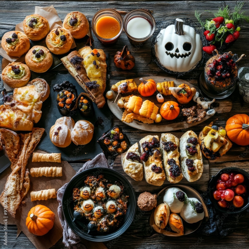 Halloween brunch celebration featuring creatively arranged spooky dishes, vibrant decorations, and an inviting atmosphere for seasonal festivities. Halloween brunch celebration featuring creatively arranged spooky dishes, vibrant decorations, and an inviting atmosphere for seasonal festivities.