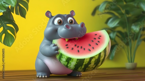 A cute cartoon hippo enjoys a juicy watermelon slice against a bright yellow background, surrounded by green plants. photo