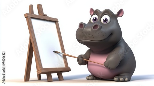 A cute cartoon hippo painting on an easel, showcasing creativity and fun in a whimsical setting. photo