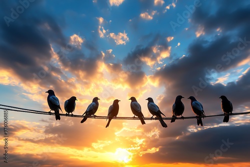 A group of birds perched on a wire, their silhouettes standing out starkly against a cloudy sky, creating a sense of balance and rhythm photo