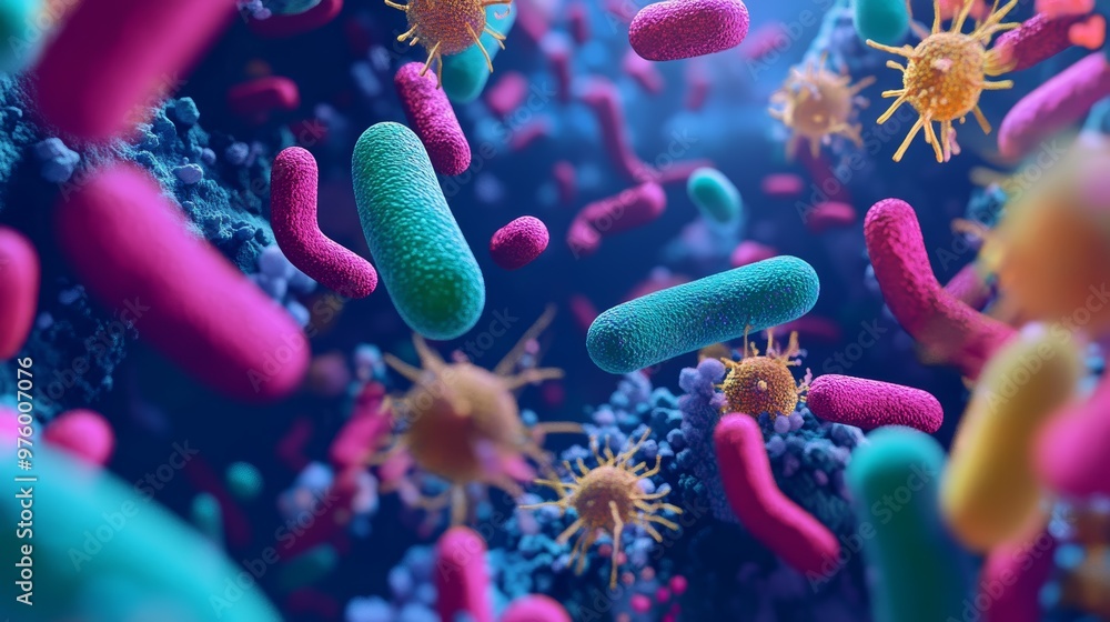 A vivid representation of bacteria and microbes in a colorful, microscopic view showcasing the diversity of microscopic life. A vivid representation of bacteria and microbes in a colorful, microscopic view showcasing the diversity of microscopic life.