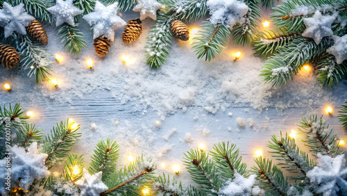 The image shows a festive winter scene with snow-covered fir branches and pinecones forming a frame on a wooden surface decorated with small Christmas lights.