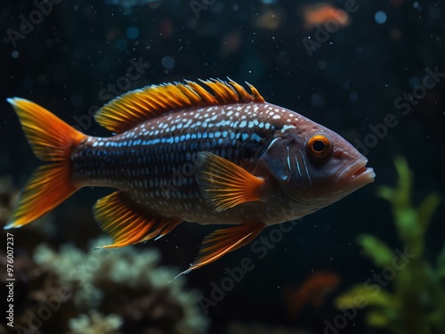 A close-up of an exotic fish swimming in a dark aquarium, focusing on its vivid colors and fluid movement.