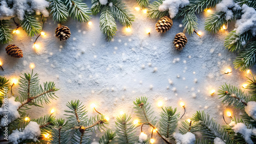 The image shows a festive winter scene with snow-covered fir branches and pinecones forming a frame on a wooden surface decorated with small Christmas lights.