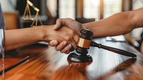 Wallpaper Mural Handshake and Gavel on Wooden Table with Blurry Background Torontodigital.ca