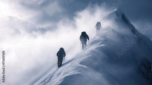 extreme mountaineering expedition conquering treacherous icecovered peak with dramatic storm clouds photo