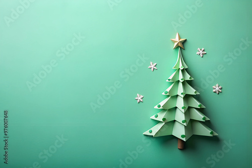 The image shows a creative paper Christmas tree on a green background. The Christmas tree consists of layers of green paper, decreasing towards the top, with a gold star on the top.