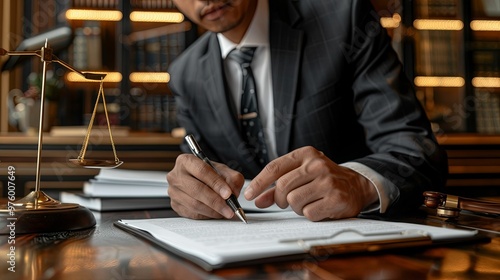 Lawyer Signing Legal Documents with Scales of Justice and Gavel in Foreground photo