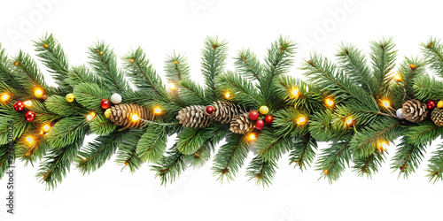 The image shows a festive Christmas garland of green pine branches without background, decorated with cones, red berries and golden balls. Small lights glow between the branches.