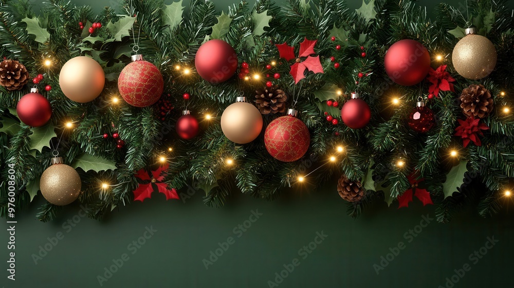 Fototapeta premium Christmas garland with baubles and lights, holiday greenery decor,