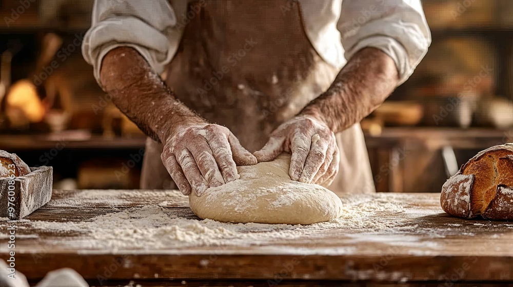 Baker's Hands Shaping Dough on a Wooden Table Baker's Hands Shaping Dough on a Wooden Table