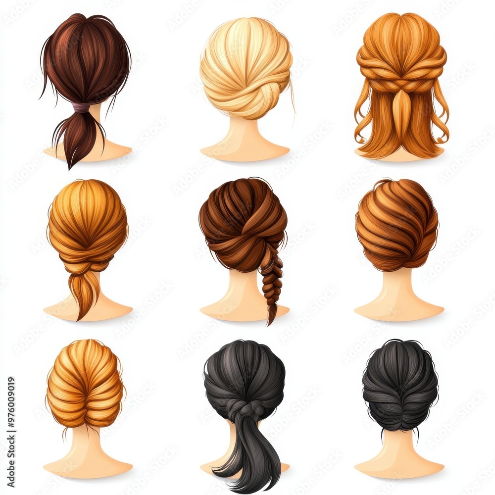 A collection of various stylish hairstyles showcased from the back, featuring different colors and styles for inspiration. A collection of various stylish hairstyles showcased from the back, featuring different colors and styles for inspiration.