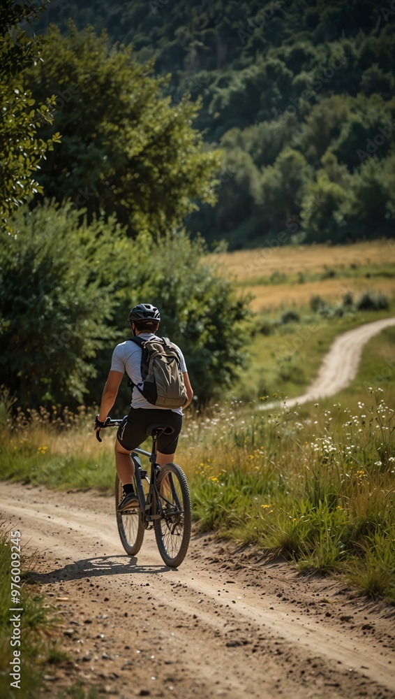 A person riding a bicycle down a rural dirt road amidst natural surroundings. A person riding a bicycle down a rural dirt road amidst natural surroundings.