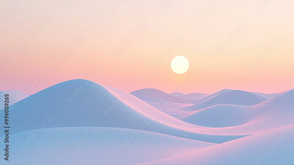 Soft pastel dunes stretching towards the horizon under a gentle sun, minimalist 3D composition, blending smooth curves and subtle gradients, evoking serenity and calm Soft pastel dunes stretching towards the horizon under a gentle sun, minimalist 3D composition, blending smooth curves and subtle gradients, evoking serenity and calm