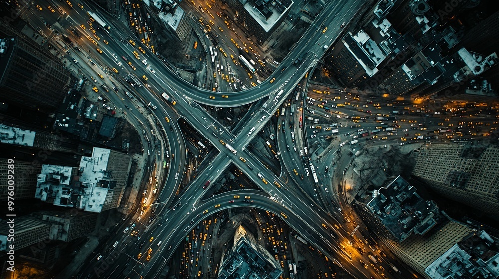 Aerial View of a Complex Urban Highway Interchange at Night Aerial View of a Complex Urban Highway Interchange at Night