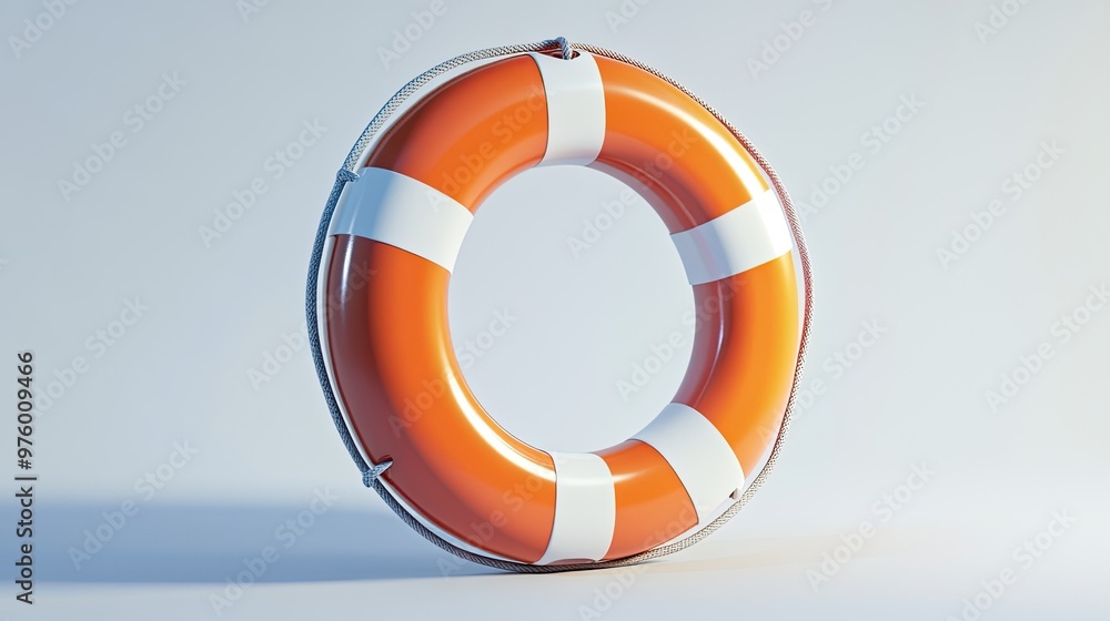 A classic orange and white lifebuoy with rope handles isolated on a white background. A classic orange and white lifebuoy with rope handles isolated on a white background.