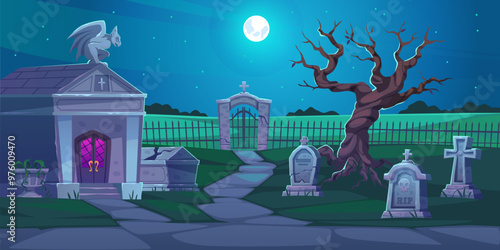 Night cemetery. Dark graveyard landscape, old stone tombstones and crosses, rip inscriptions, family crypt, full moon cartoon landscape gothic. Halloween nightmare background tidy vector concept