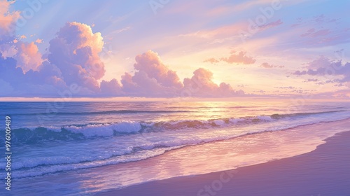 Dreamy pastel sunset over serene ocean horizon gentle waves lapping against soft sandy beach with vibrant colors in sky