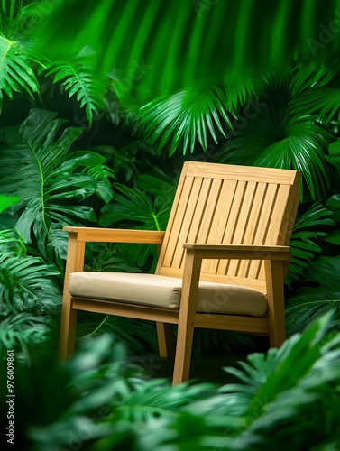 Wooden chair surrounded by lush tropical plants