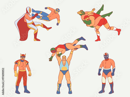Mexican show wrestlers. Lucha libre fighters in color costumes, men in masks and colorful costumes, cartoon flat style characters in dynamic poses, luchadores, entertainment show, vector set