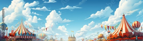 A festive illustration of a carnival with colorful tents under a clear blue sky