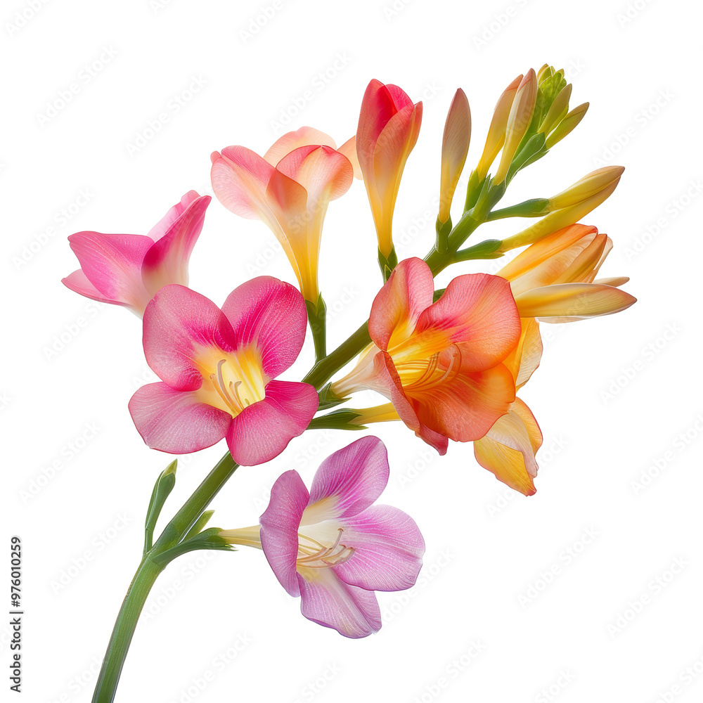 Fototapeta premium Beautiful mixed bouquet of freesia flowers in vibrant colors illuminated against a transparent background