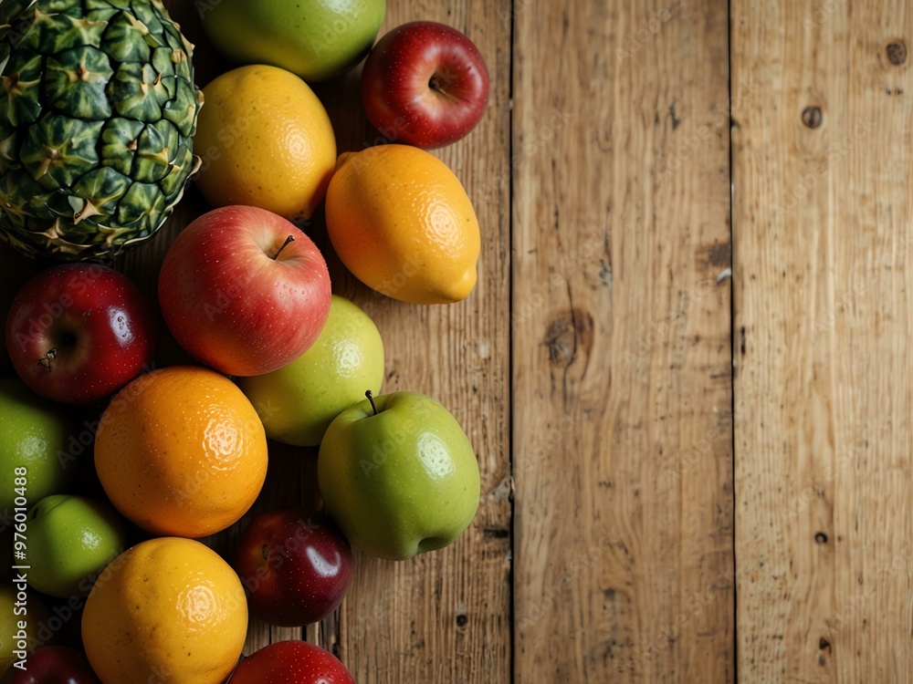 A variety of ripe fruits on a light wooden table, with space for text or design. A variety of ripe fruits on a light wooden table, with space for text or design.