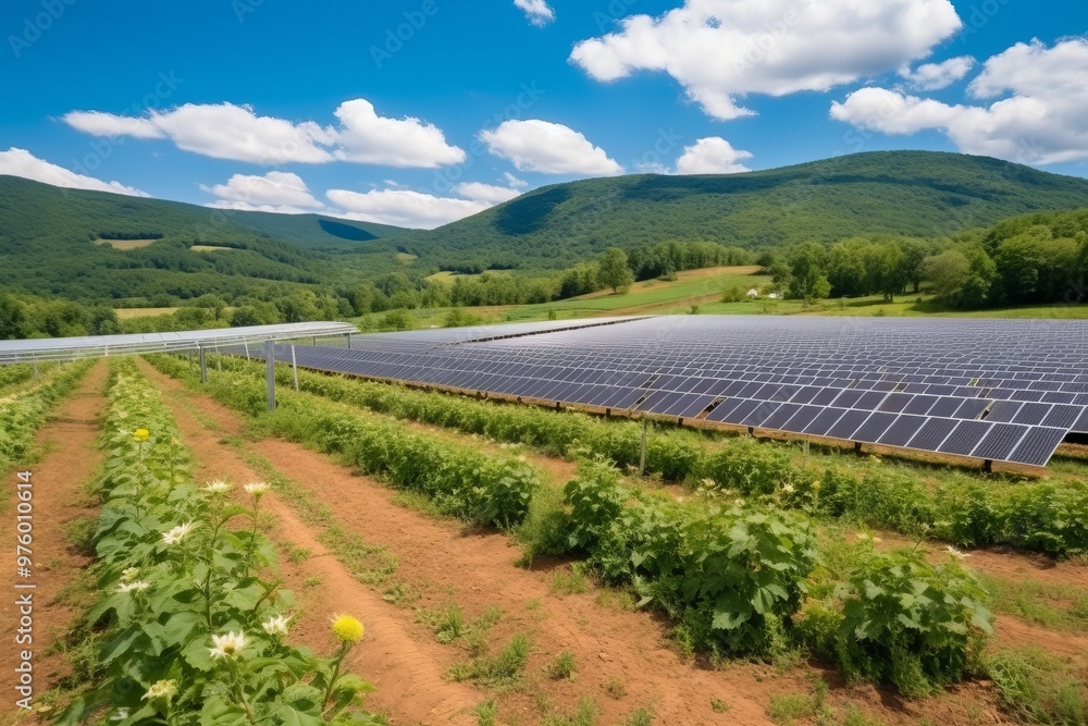 Fototapeta premium Solar panels on lush green meadow under clear sunny sky with fluffy white clouds