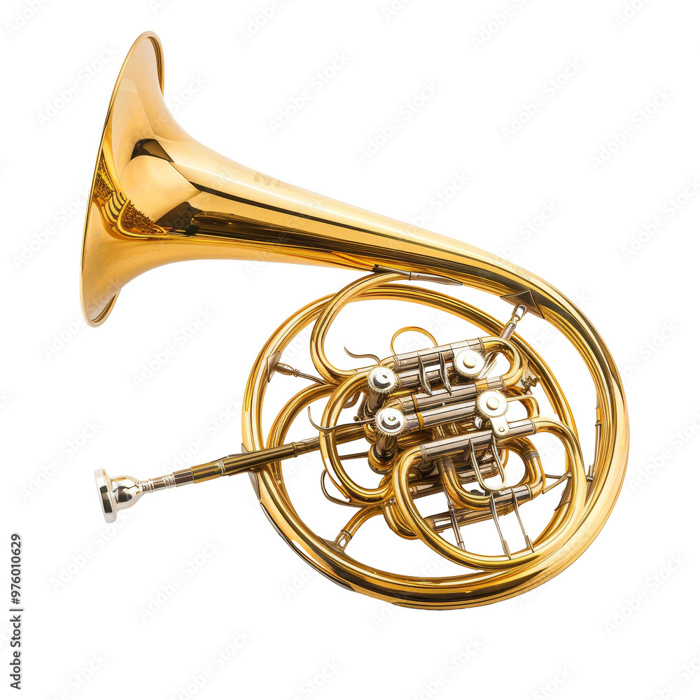 Obraz premium A shiny French horn rests elegantly on a white surface, showcasing its intricate design and polished brass finish in a well-lit environment
