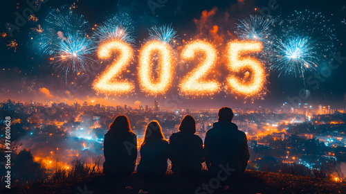 New Year Eve 2025 celebration 3D letter fireworks night sky, confetti, sparkling lights. Crowded people group celebrate Holiday festival illustration wallpaper backdrop banner background