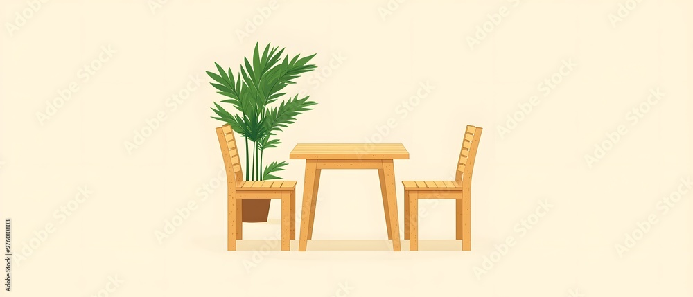 Wooden Table and Chairs with Green Plant Wooden Table and Chairs with Green Plant